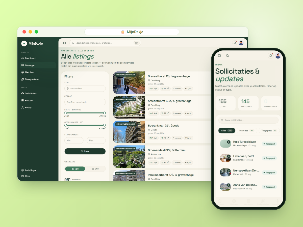 Browser met alle gevonden huurwoningen en filters op prijs en oppervlakte, en een telefoon met sollicitaties bij verschillende makelaars.
