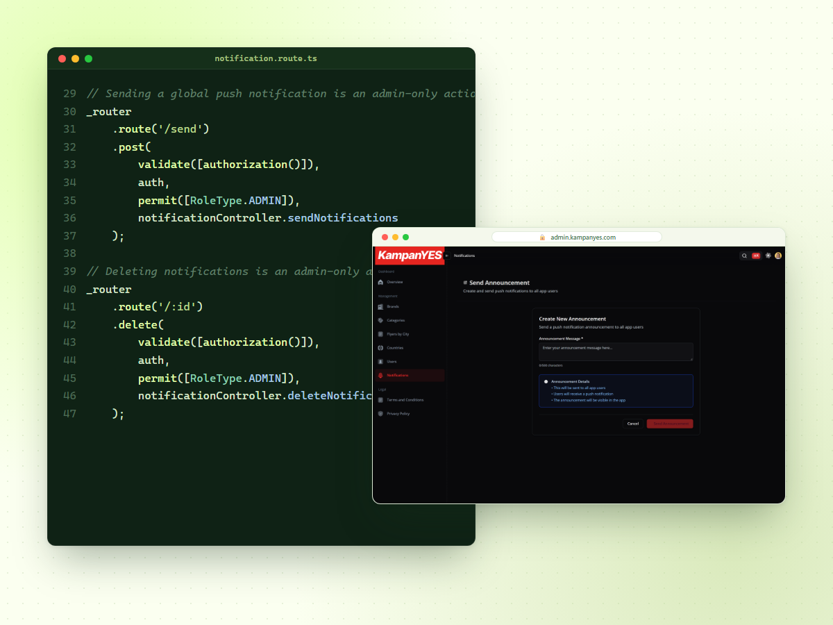 Code-editor met beveiligde API-routes naast het scherm voor pushmeldingen in het KampanYES admin-panel.
