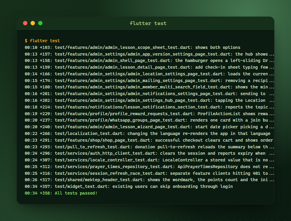 Een terminal met de uitvoer van flutter test: testbestanden voor beheer, instellingen, meldingen en inloggen, afgesloten met "All tests passed!".